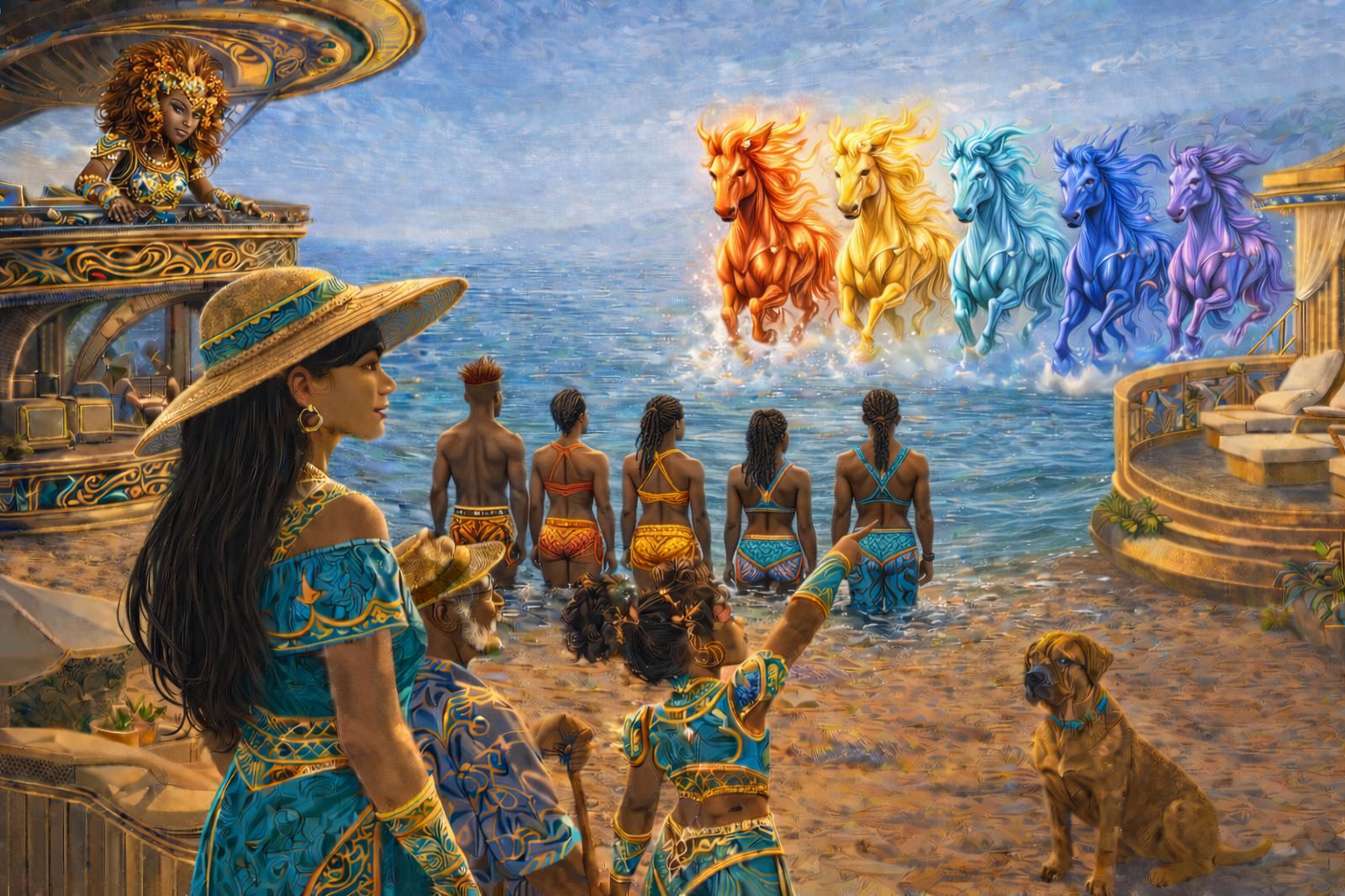 The FireHorse herd gallops across the ocean at golden hour as a multi-generational community gathers on the beach to watch — a transmedia scene created with AI creative tools